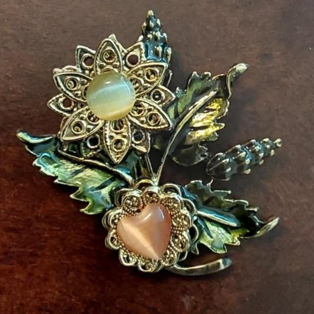 Vintage Kenneth Cole Moonglow Filigree Bouquet Heart Pin Brooch